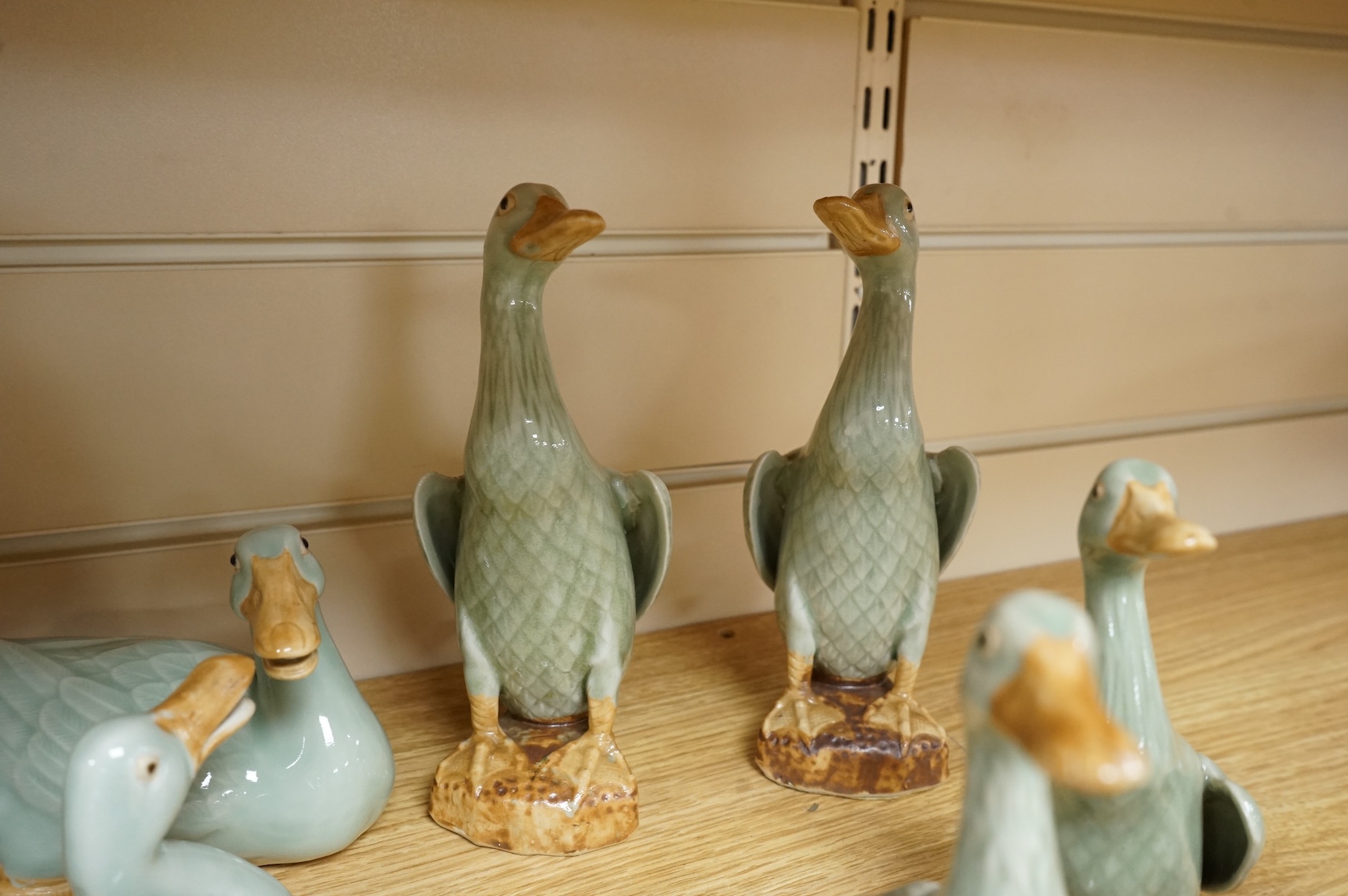 A collection of Chinese celadon glazed models of geese and ducks, largest 31cm high